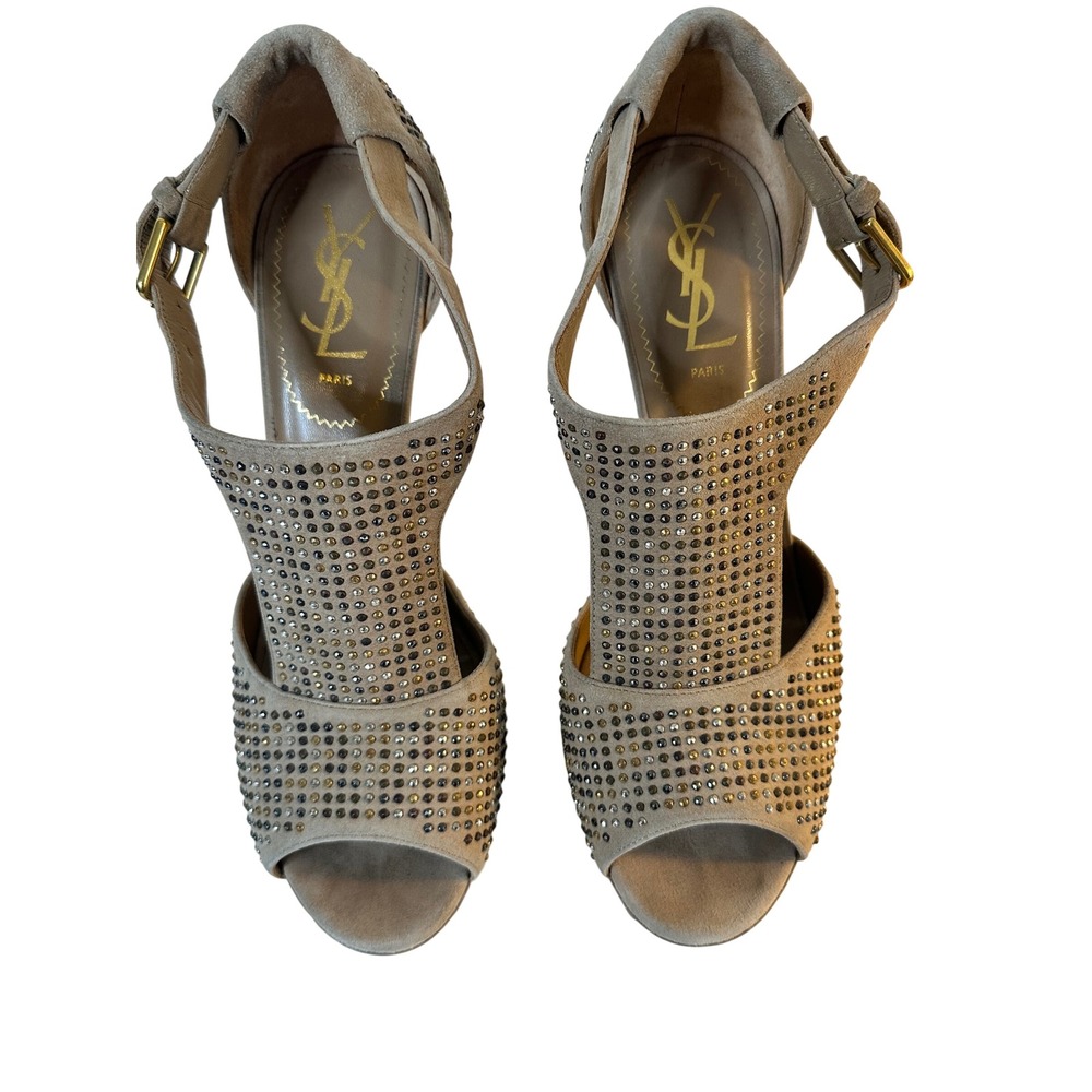 Yves Saint Laurent YSL Tribute Sandals Size 38.5 Beige Suede Studded Platform - Picture 5 of 15